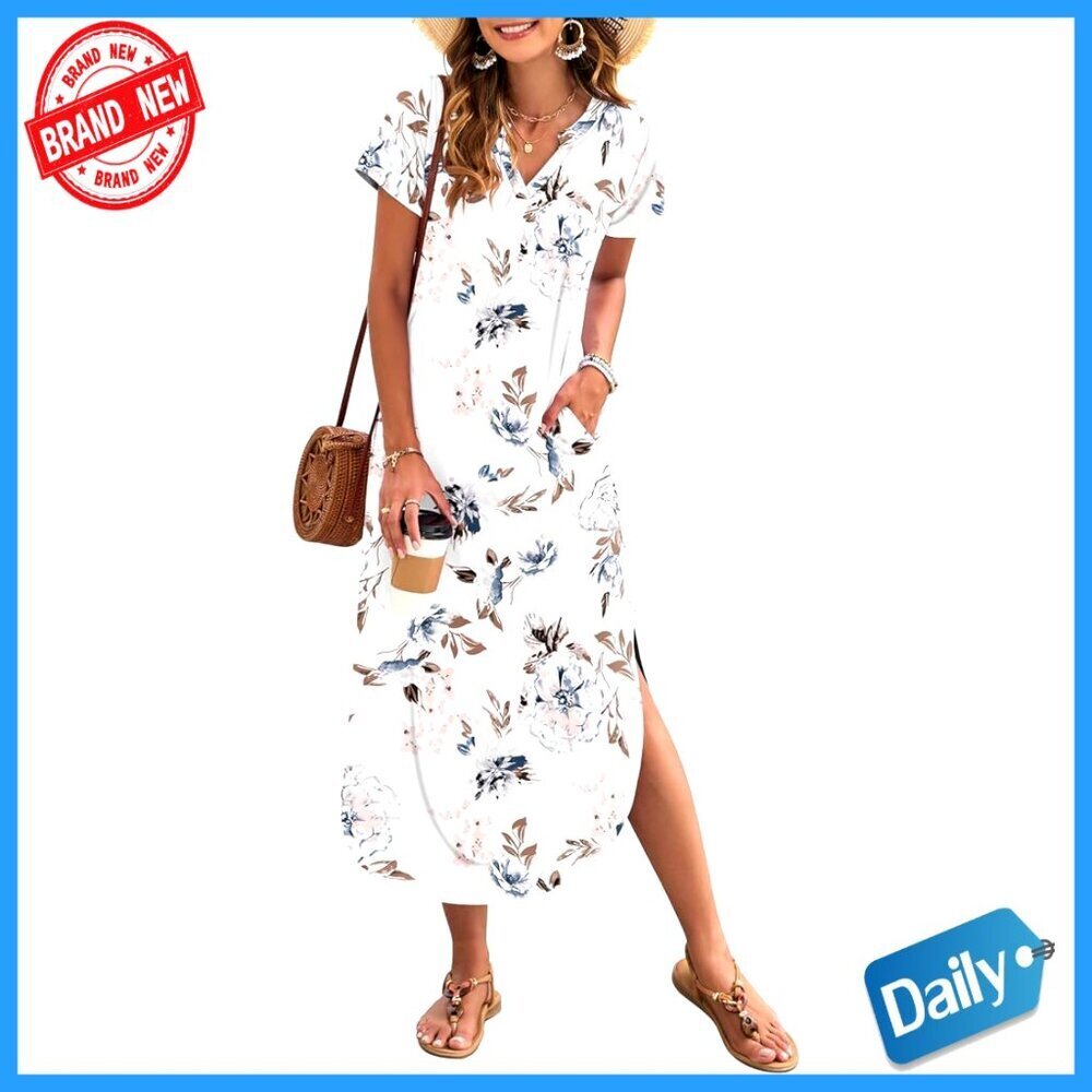 Summer Maxi Dress Casual V Neck Loose Fit Split Long Beach Sundress